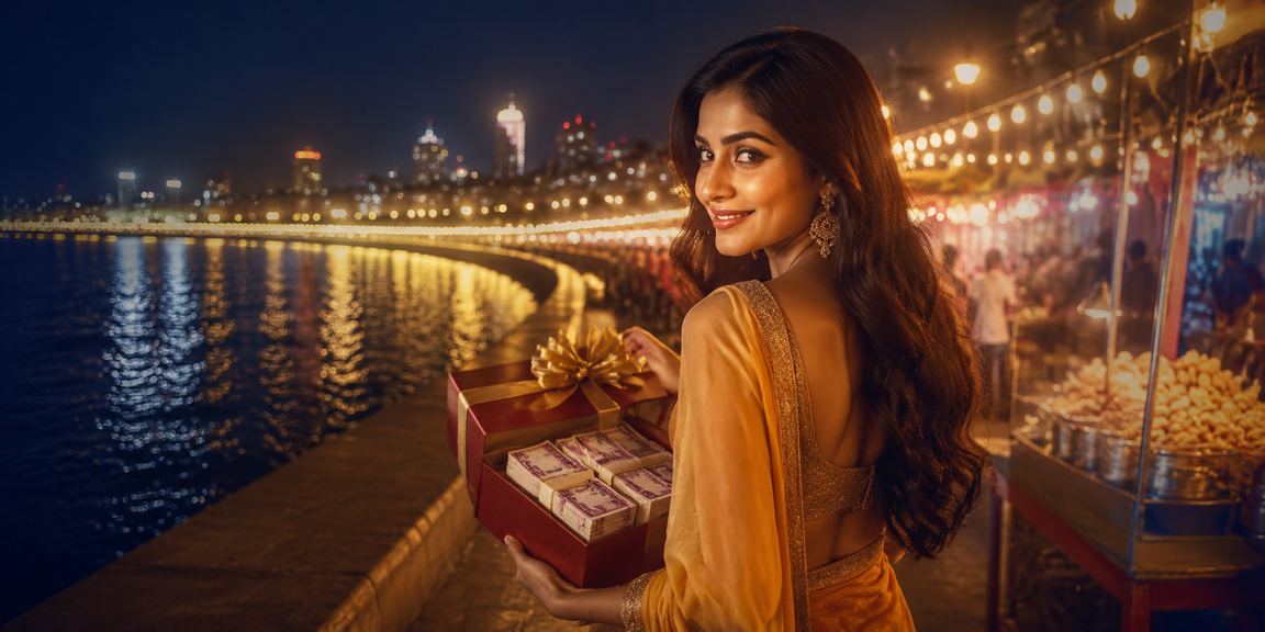 Mobile user playing casino games by Marine Drive Mumbai at night
